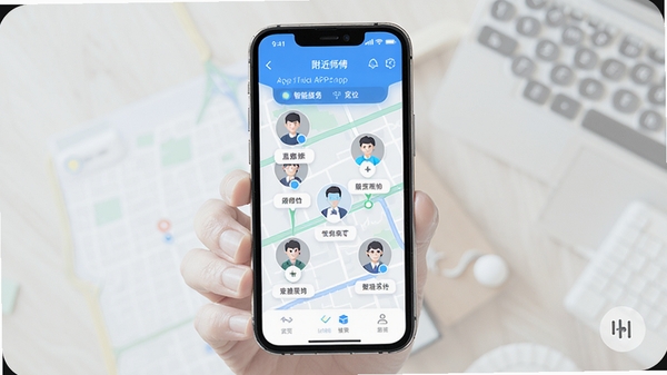 Լ������APP���ܶ�λ���棬�ֻ���Ļ��ʾ��ͼ�϶������ʦ��ͷ��ͼ�꣬���������£�ͻ������ʦ���Ƽ����ܣ��Ƽ��������������Ϣ���