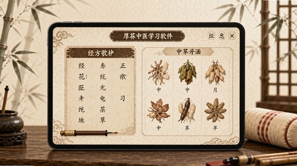 厚朴中医学习软件界面展示,古朴典雅的中国风设计,屏幕上显示经方歌诀与中草药插画,背景有淡淡的竹叶与脉枕元素,突出传统文化学习氛围