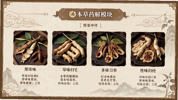 厚朴软件中的本草药解模块,展示多味中草药的高清图片与性味归经文字说明,界面排版整洁,手机屏幕显示,古风UI风格