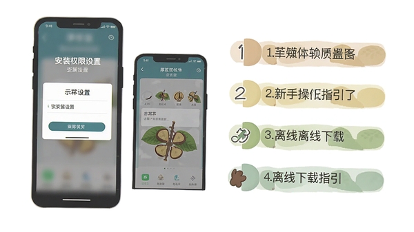 厚朴软件新手操作指引示意图,手机屏幕显示安装权限设置与离线下载界面,旁边有简洁的步骤标注,扁平化设计风格