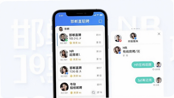 ����ֱƸAPP����չʾ���ֻ���Ļ����ʾ����������Ƹ��λ�б�����ְ����HR�������촰�ڣ��ִ���Լ�����ɫ��ɫ��������UI���ͼ