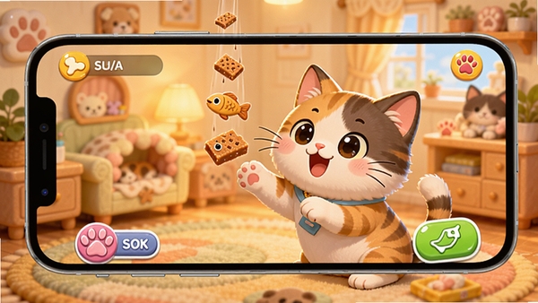 ��������Ȥζ����С��Ϸ���棬�ֻ���Ļ��ʾһֻ��ͨè���ڽ�ס�����С��ɣ���������ܰ�ĳ��﷿�䣬�����е÷ֺ͵��߰�ť��ɫ�ʻ��ã��ʺ���Ϊ�����淨չʾͼ