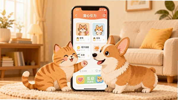 ��������app������չʾ��һֻ�ɰ�����è��һֻ�»�Ȯ����ܰ�����ﻥ�����ֻ���Ļ��ʾ��������Ӧ�ý��棬�������г��ﵵ����Ƭ��ι�����ѡ�����С��Ϸ��ڣ�����ɫ����ů��������ƽ��UI��񣬸���ϸ�ڣ��ʺ�����վ��ͼ