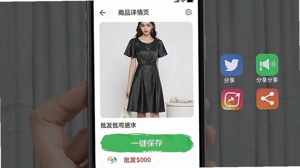 ɴ����APP��Ʒ����ҳչʾһ������ͼƬ�ͷ�����ť���ֻ���������ʾŮװ����ȹ�ĸ���ʵ��ͼ�������۸��ǩ���Ա����罻��������ͼ�꣬���ֱ�ݷ�������