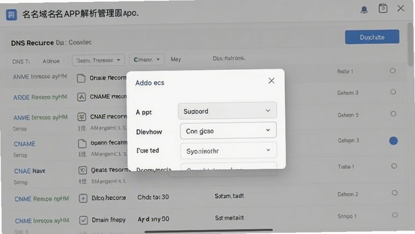 易名域名APP解析管理界面截图,展示DNS记录列表与添加记录弹窗,手机屏幕显示A记录、CNAME记录等选项,背景为浅色商务风格