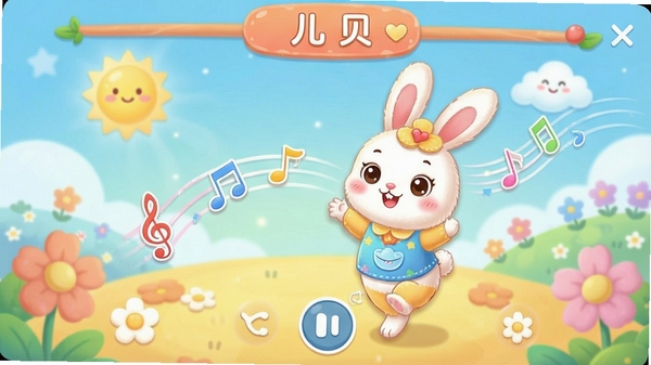 兔小贝软件中儿歌播放界面,卡通小兔子伴随音符跳动,界面温馨可爱