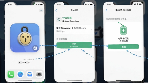 铃铛软件在手机桌面上的小组件展示,旁边有安装权限设置界面和电池优化白名单界面,画面清晰展示操作路径,风格实用导向