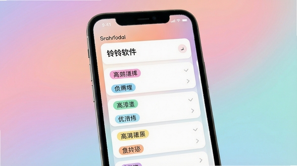 铃铛软件主界面展示,简洁清新的卡片式待办列表,手机屏幕显示多个彩色标签分类,背景为柔和渐变色调,突出轻量高效的生活管理氛围