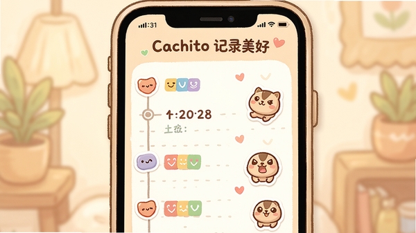 һ����ܰ�Ŀ�ͨ����ֻ����棬չʾCachito������ʱ�����ռ�ҳ�棬ҳ�����пɰ�����ֽ�Ͳ�ɫ�����ǩ����������͵�ůɫ��������д�š�Cachito ��¼���á�