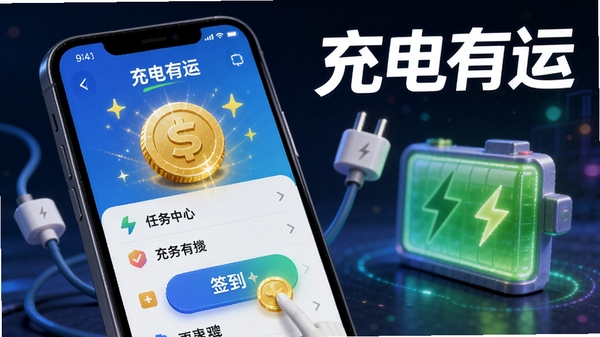 充电有运任务中心界面AI生图提示词,画面展示手机任务列表,金币图标闪烁,用户点击签到按钮,背景有充电插头和电池元素,软件名称“充电有运”醒目显示