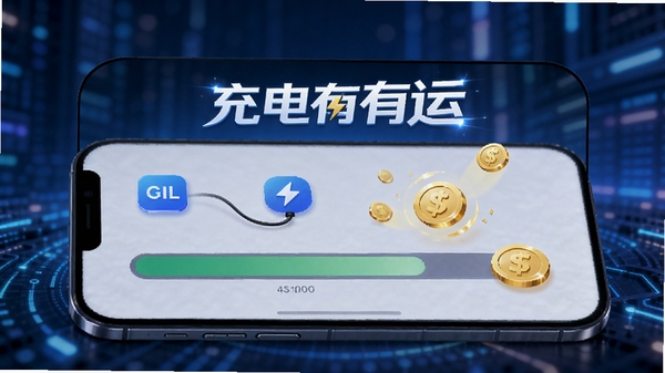 充电有运软件主界面展示,手机屏幕显示充电进度条与金币收益动画,背景为科技感蓝色调,突出“充电有运”软件名称与核心功能图标