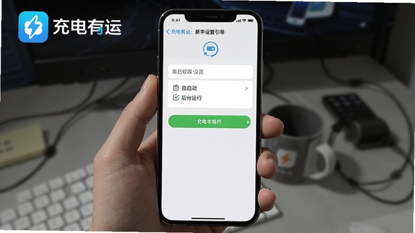 充电有运新手设置引导界面,画面显示手机权限设置页面,用户正在开启自启动与后台运行权限,界面带有充电有运图标与文字提示
