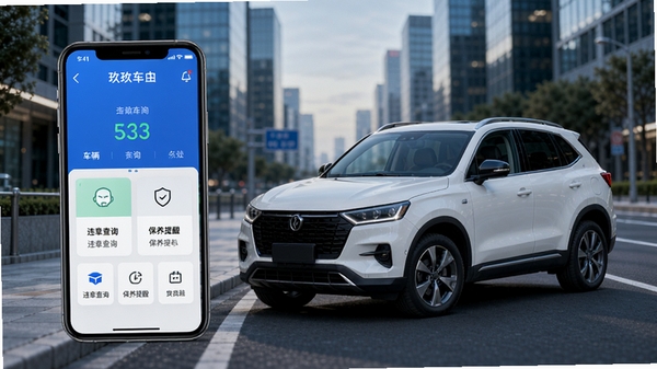 ��������APP������չʾ��һ����ɫSUVͣ�ڳ��е�·�ԣ��ֻ���Ļ��ʾ����״̬��Υ�²�ѯ���������ѵȹ���ģ�飬������ˬ��ɫ�����Ƽ���ʮ��