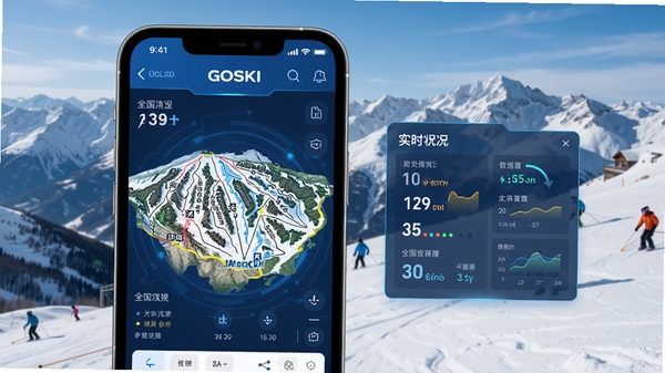 GOSKI去滑雪APP界面展示,手机屏幕中显示全国雪场地图和实时雪况数据面板,背景是雪山实景,蓝色科技感UI风格,高清产品截图效果