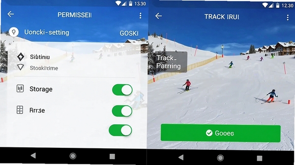 GOSKI去滑雪手机操作界面截图,展示权限设置页面和轨迹记录功能开启状态,安卓手机界面,清晰显示定位和存储权限开关,实用教程风格