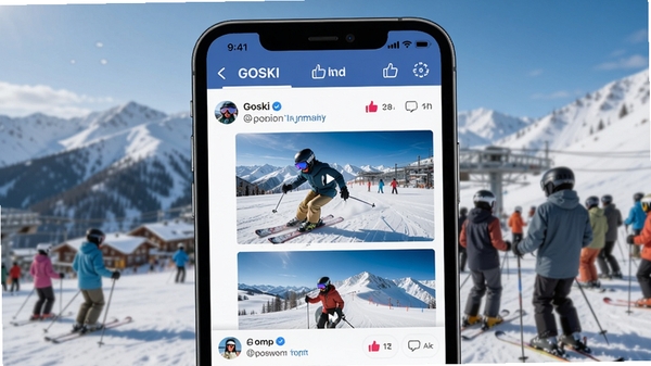 GOSKI去滑雪社区动态页面,手机屏幕展示雪友分享的滑雪照片和视频动态,有评论点赞互动按钮,冬季雪山背景,社交氛围浓厚