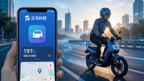立马科技app官方主界面展示,手机屏幕显示电动车电量、续航里程与车辆定位地图,背景为城市清晨骑行场景,科技感蓝色调,醒目位置标注“立马科技”logo