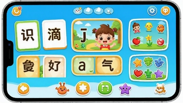 滴滴学堂儿童启蒙学习软件主界面展示,卡通风格,色彩明亮,包含识字卡片、拼音动画、数学游戏等元素,界面友好适合儿童操作