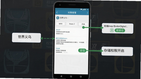 ��������APPȨ�������밲װ��������ʾ��ͼ��չʾ��׿�ֻ�Ȩ�޹���ҳ�棬��ע��λ��洢Ȩ�޿�������