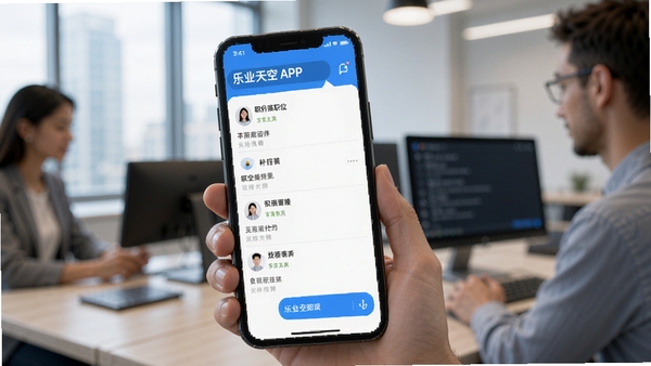 ��ҵ���APP����չʾ���ֻ���Ļ�ϳ���ְλ�б������촰�ڣ�����ִ�����Ʒ����ɫ��ɫ����ְ����������