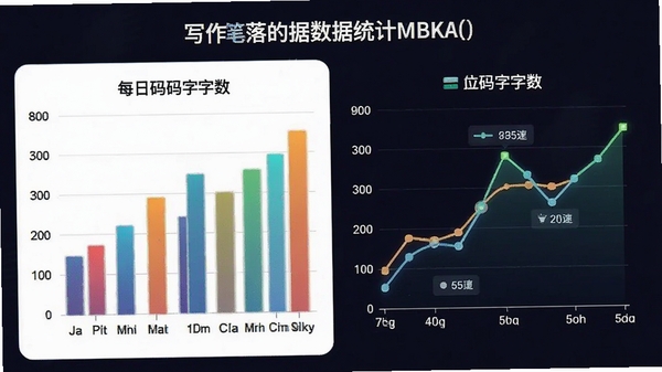笔落写作数据统计图表,显示每日码字字数柱状图和时速折线图,色彩鲜明