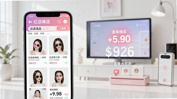 亿店嗨选APP主界面展示,手机屏幕中显示商品列表与佣金数据,背景为现代简约风格,突出直播电商选品场景,画面清晰明亮