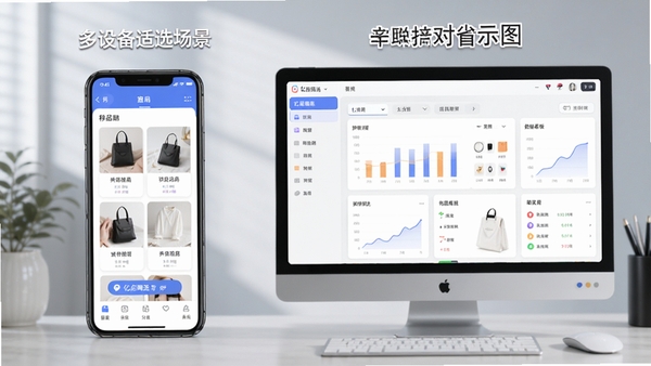 亿店嗨选APP在手机与电脑模拟器上的操作对比示意图,展示移动端选品界面与电脑端数据看板,突出多设备适配场景