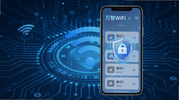 万智WiFi钥匙精灵手机界面展示,蓝色科技感背景,手机屏幕显示附近WiFi列表和安全盾牌图标