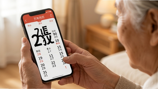 大字体万年历超大字日期显示界面,中老年用户手持手机查看日历,字体清晰醒目,背景简洁温馨