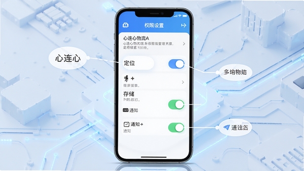 ����������APPȨ������ʾ��ͼ���ֻ���Ļ��ʾӦ��Ȩ�޹���ҳ�棬��ע��λ���洢��֪ͨ��Ȩ�޿���λ�ã�����Ϊǳɫ�Ƽ����