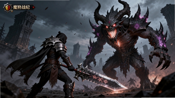 魔狩战纪游戏内猎人角色手持巨剑面对巨型魔物BOSS的暗黑魔幻战斗场景