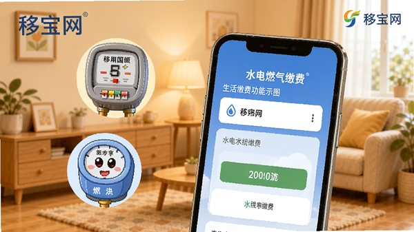 移宝网生活缴费功能示意图,画面展示手机屏幕内水电燃气缴费页面,旁边有卡通化的电表、水表、燃气表图标,背景为温馨的家庭场景,突出便捷缴费主题,带有移宝网品牌标识