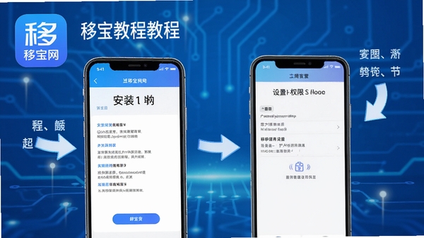 移宝网使用教程示意图,画面展示手机屏幕上的安装步骤和权限设置界面,配有箭头指引和文字说明,背景为科技蓝风格,包含移宝网APP图标