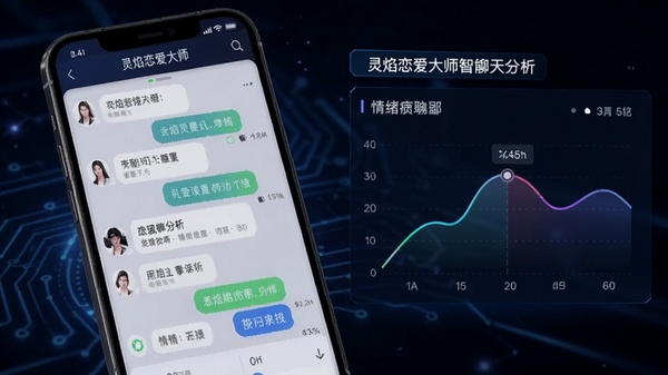 灵焰恋爱大师智能聊天分析功能界面,手机屏幕显示聊天记录分析结果与情绪曲线图,科技感蓝色调,体现AI智能与数据可视化
