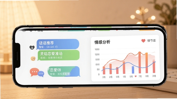 灵焰恋爱大师软件主界面展示,现代简约风格,手机屏幕显示聊天话术推荐与情感分析图表,背景柔和暖色调,突出智能辅助与恋爱沟通主题