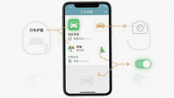 行车护盾app手机安装权限设置界面示意图,标注出需要开启的定位、存储、相机三个权限开关