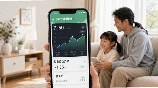 祯树健康软件界面展示,手机屏幕中显示健康数据曲线与每日运动步数,背景为温馨的家庭健康场景,整体风格简洁明亮