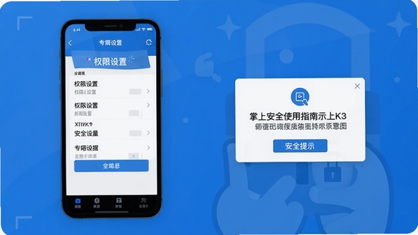 掌上K3安全使用指南示意图,手机屏幕展示权限设置界面和安全提示弹窗,简洁扁平化设计风格,蓝色主色调