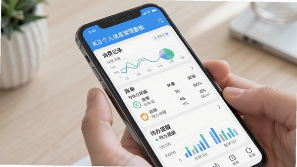 掌上K3个人信息管理面板展示图,手机屏幕显示消费记录、账单明细、待办提醒等模块,数据可视化图表,清新简洁风格