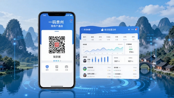 一码贵州商户通软件界面展示图,手机屏幕显示收款码和交易数据看板,背景为贵州山水元素,现代科技感,蓝色主色调