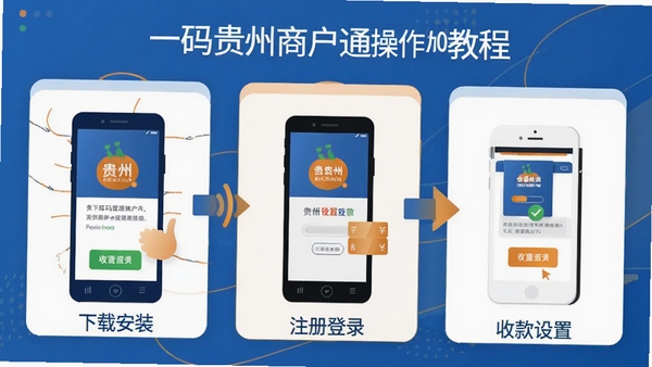 一码贵州商户通操作教程示意图,分步骤展示下载安装、注册登录、收款设置流程,扁平化设计风格,蓝色和橙色配色