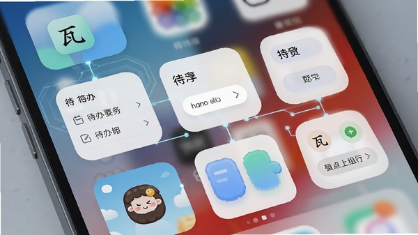 瓦当APP桌面小组件展示图,手机桌面排列着瓦当的多种清新小组件,展示待办列表和快捷按钮,现代科技感
