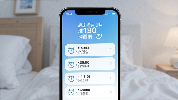 起床闹钟准软件主界面展示,手机屏幕显示多个闹钟时间列表,界面简洁清新,蓝色主题色调,背景为淡雅渐变,突出智能唤醒功能,高清UI设计图