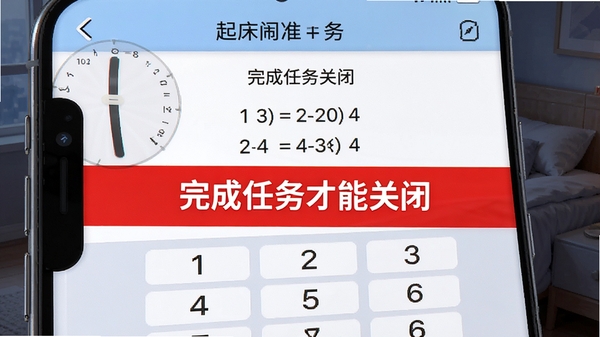 起床闹钟准任务解锁界面,手机屏幕显示数学计算题和数字键盘,用户需要答题才能关闭闹钟,界面设计醒目,红色提示条显示「完成任务才能关闭」,高清UI截图
