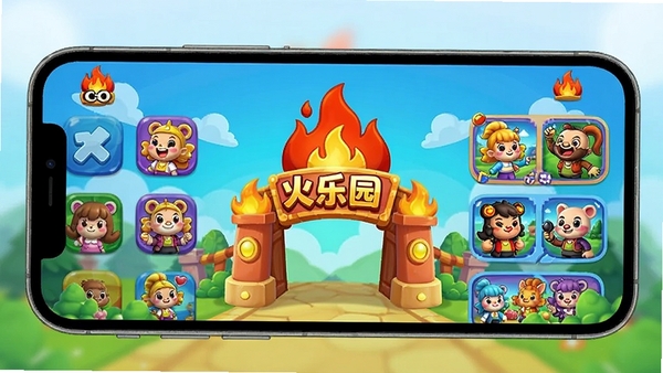 火乐园游戏平台主界面展示,色彩鲜艳的休闲游戏图标排列,中心带有火焰标志的乐园大门,手机屏幕显示多种小游戏入口,卡通风格,明亮活泼