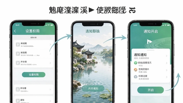 �����ϪAPPʹ�ý̳�ʾ��ͼ���ֻ���Ļչʾ����Ȩ�޺�֪ͨ�������裬�������