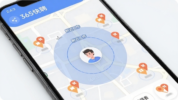 365��ƸAPP������λ��ͼģʽչʾ���ֻ���Ļ��ʾ��ͼ��ɢ�������λ��ǵ㣬�û�ͷ��λ�����ģ�����Ȧ���ע���룬�������ִ���ͻ������������������