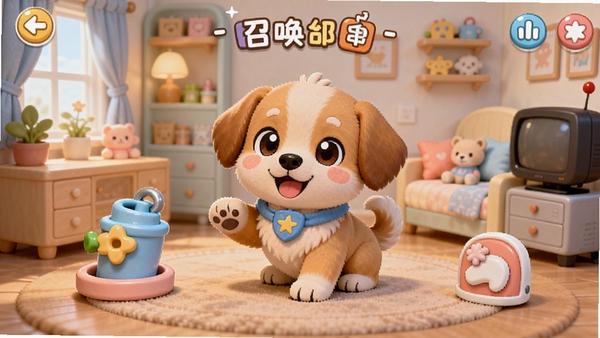 召唤小狗游戏主界面展示图,画面中有一只可爱的卡通小狗在温馨的房间里,周围有各种互动道具,整体风格明亮治愈