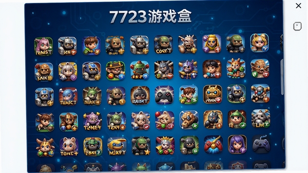 7723游戏盒主界面展示海量破解游戏图标排列整齐,背景为科技蓝渐变色调,突出游戏盒子的品牌标识与丰富游戏资源