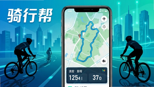 骑行帮APP主界面展示,手机屏幕中显示骑行轨迹地图、速度里程数据面板,背景为城市道路与骑行爱好者剪影,清新科技风格,软件名称“骑行帮”醒目展示